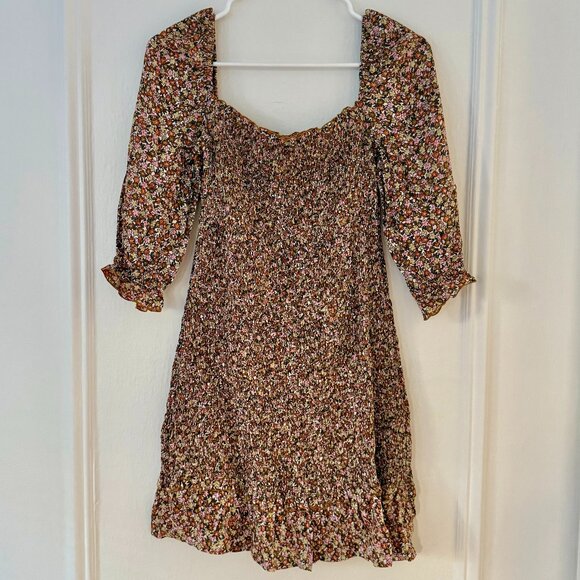 FAITHFULL THE BRAND pink and brown floral dress, off-shoulder sleeves, size 4 - Picture 2 of 4